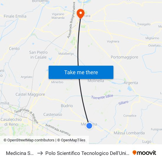 Medicina Stazione to Polo Scientifico Tecnologico Dell'Università Di Ferrara map