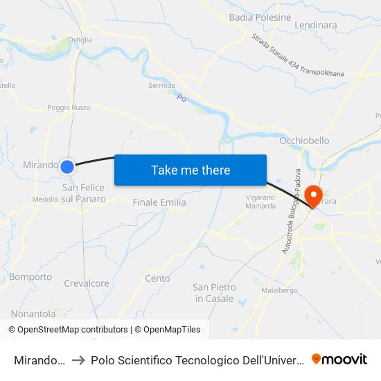 Mirandola FS to Polo Scientifico Tecnologico Dell'Università Di Ferrara map