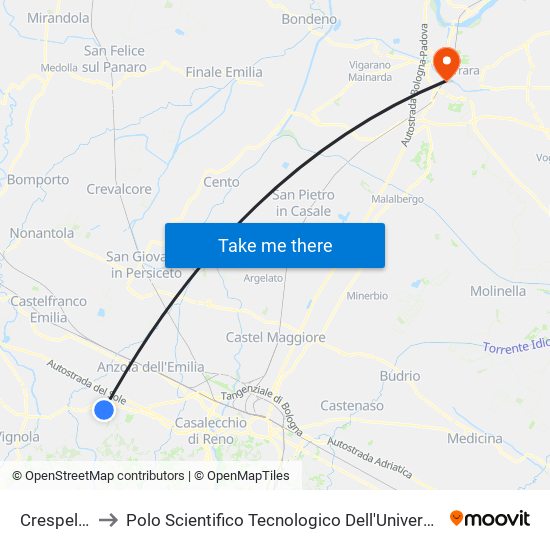 Crespellano to Polo Scientifico Tecnologico Dell'Università Di Ferrara map