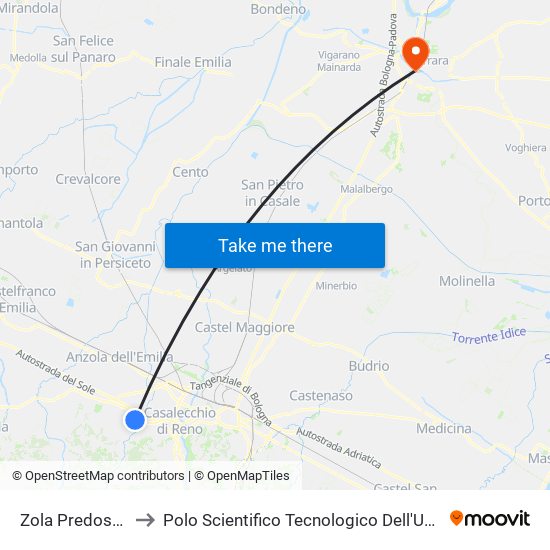 Zola Predosa Chiesa to Polo Scientifico Tecnologico Dell'Università Di Ferrara map