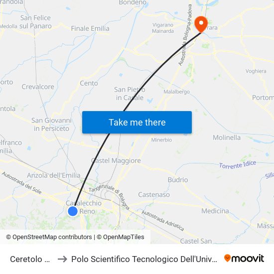 Ceretolo Vivaldi to Polo Scientifico Tecnologico Dell'Università Di Ferrara map