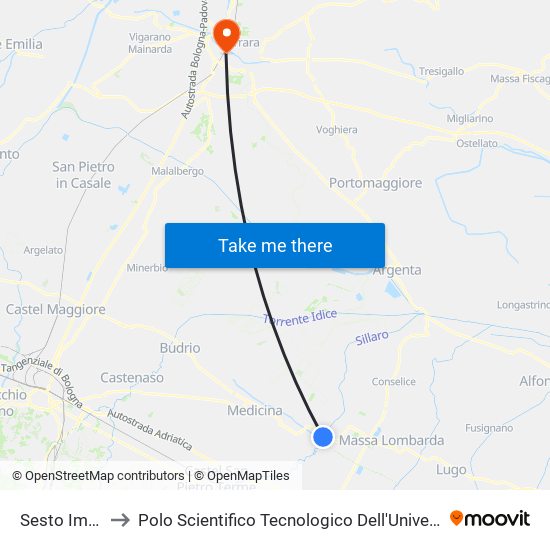 Sesto Imolese to Polo Scientifico Tecnologico Dell'Università Di Ferrara map