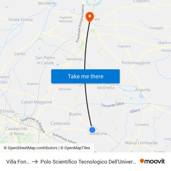 Villa Fontana to Polo Scientifico Tecnologico Dell'Università Di Ferrara map