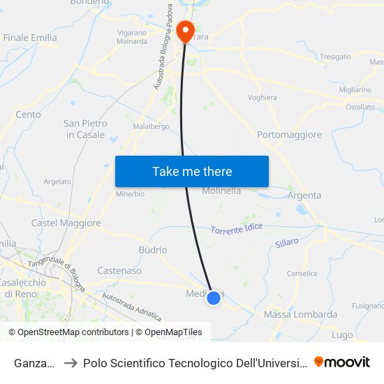 Ganzanigo to Polo Scientifico Tecnologico Dell'Università Di Ferrara map