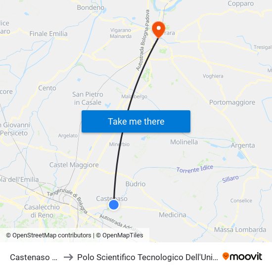 Castenaso Mazzini to Polo Scientifico Tecnologico Dell'Università Di Ferrara map