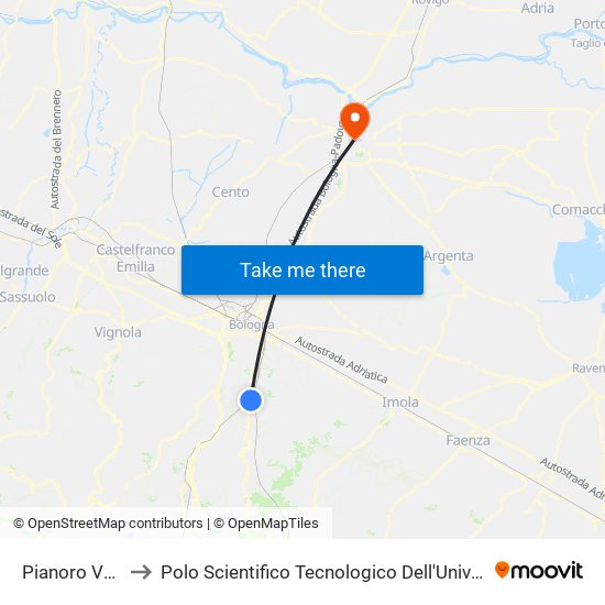 Pianoro Vecchio to Polo Scientifico Tecnologico Dell'Università Di Ferrara map