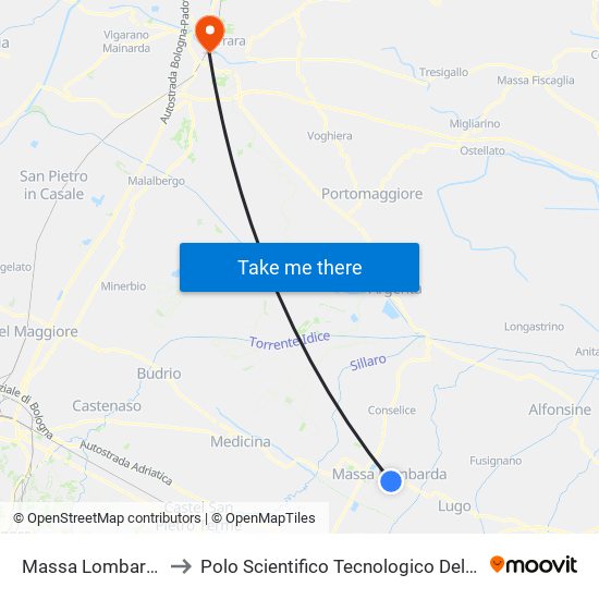 Massa Lombarda Stazione to Polo Scientifico Tecnologico Dell'Università Di Ferrara map