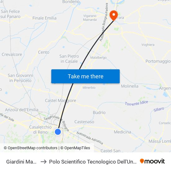 Giardini Margherita to Polo Scientifico Tecnologico Dell'Università Di Ferrara map