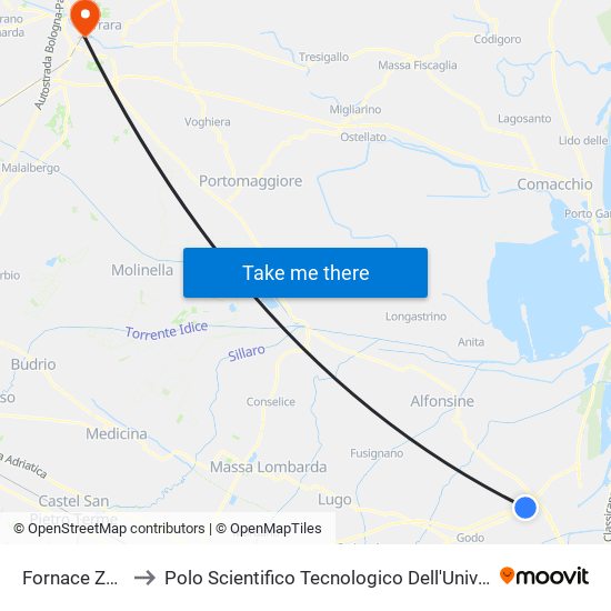 Fornace Zarattini to Polo Scientifico Tecnologico Dell'Università Di Ferrara map