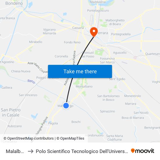 Malalbergo to Polo Scientifico Tecnologico Dell'Università Di Ferrara map