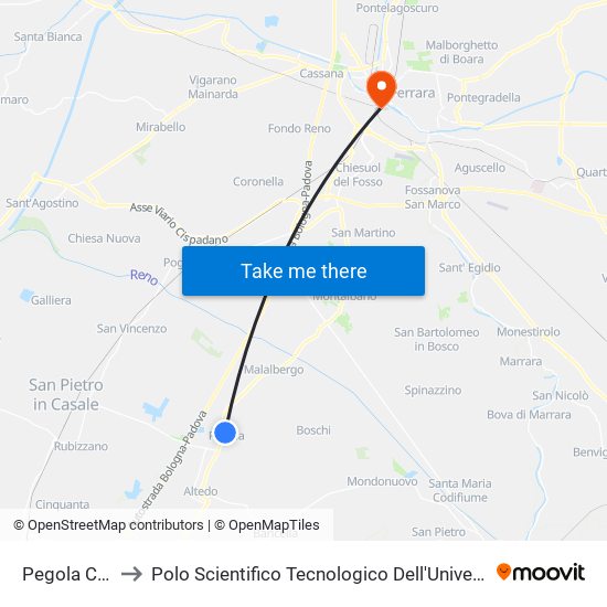 Pegola Centro to Polo Scientifico Tecnologico Dell'Università Di Ferrara map