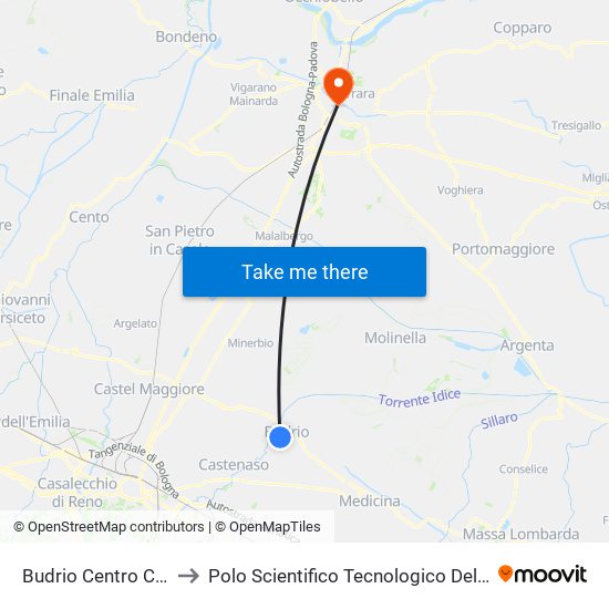 Budrio Centro Commerciale to Polo Scientifico Tecnologico Dell'Università Di Ferrara map