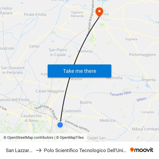 San Lazzaro Jussi to Polo Scientifico Tecnologico Dell'Università Di Ferrara map