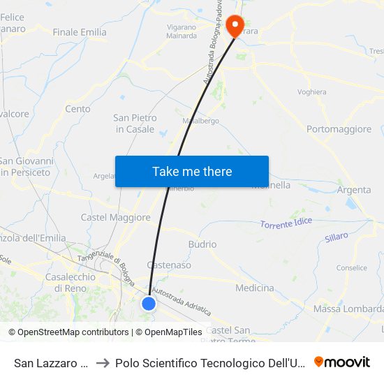 San Lazzaro Cimitero to Polo Scientifico Tecnologico Dell'Università Di Ferrara map