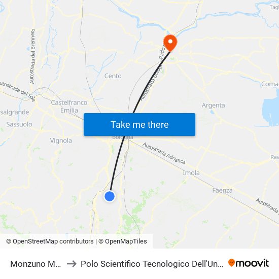 Monzuno Municipio to Polo Scientifico Tecnologico Dell'Università Di Ferrara map