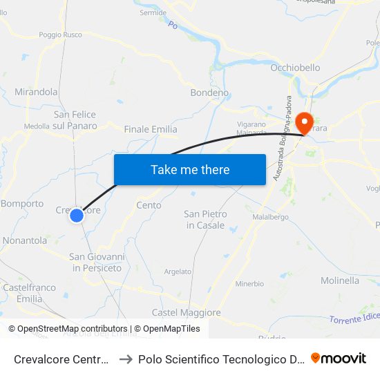 Crevalcore Centro Commerciale to Polo Scientifico Tecnologico Dell'Università Di Ferrara map