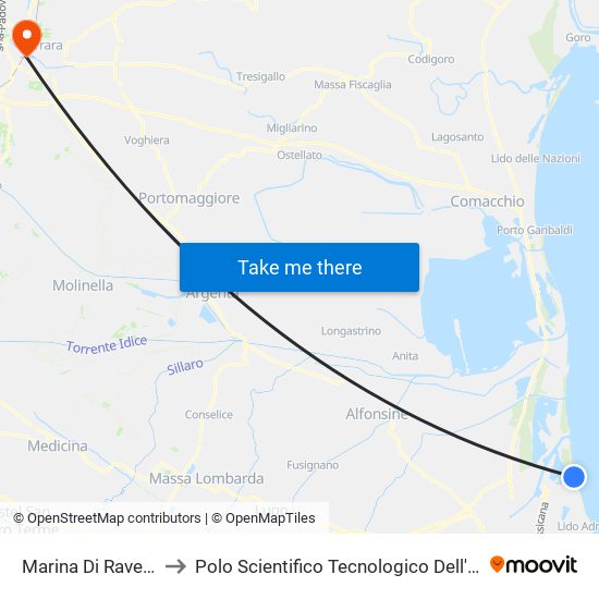 Marina Di Ravenna Terme to Polo Scientifico Tecnologico Dell'Università Di Ferrara map