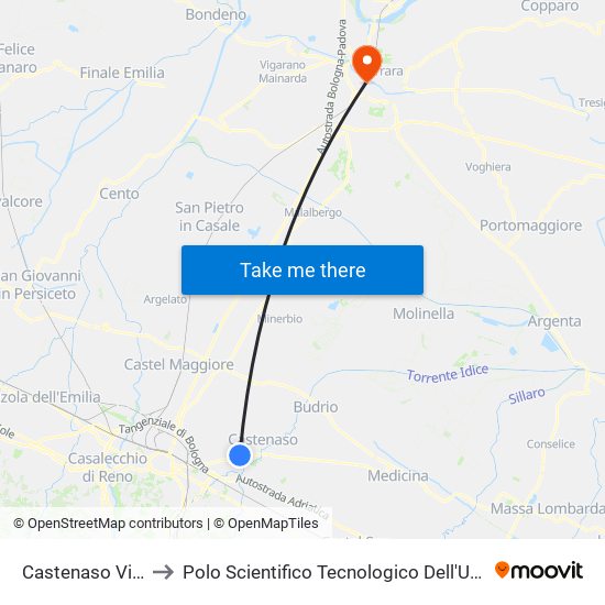 Castenaso Villa Brizzi to Polo Scientifico Tecnologico Dell'Università Di Ferrara map