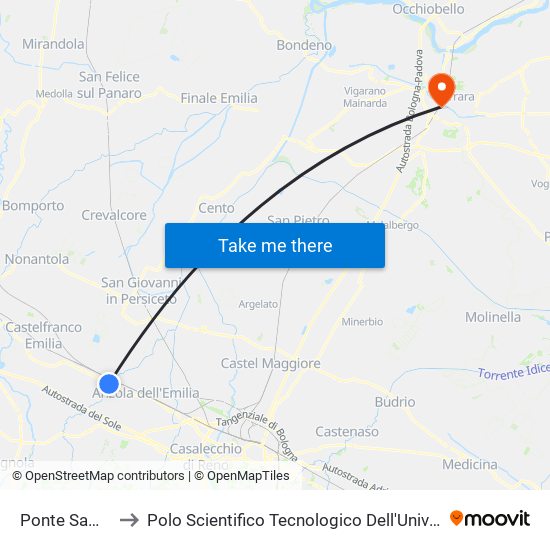 Ponte Samoggia to Polo Scientifico Tecnologico Dell'Università Di Ferrara map