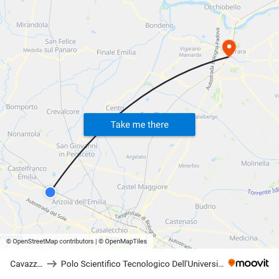 Cavazzona to Polo Scientifico Tecnologico Dell'Università Di Ferrara map