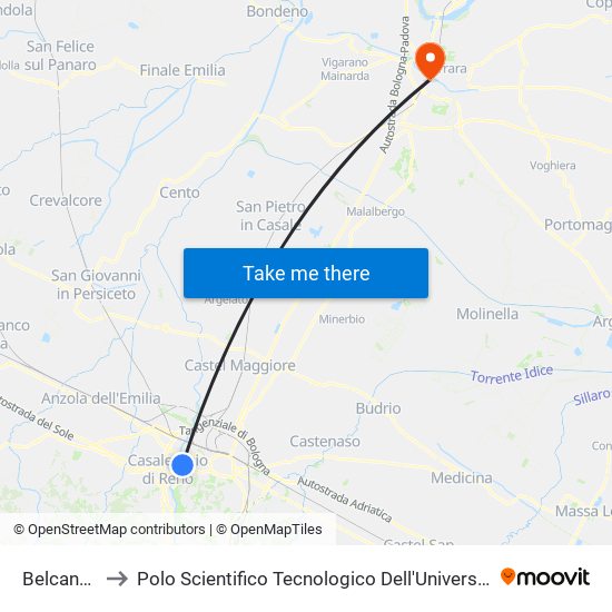 Belcantone to Polo Scientifico Tecnologico Dell'Università Di Ferrara map