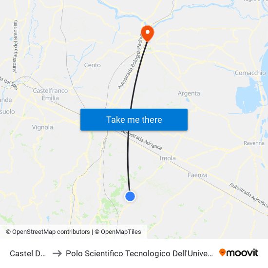 Castel Del Rio to Polo Scientifico Tecnologico Dell'Università Di Ferrara map