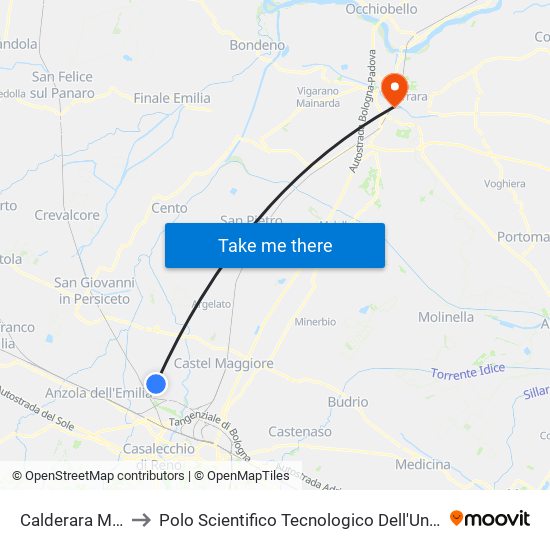 Calderara Matteotti to Polo Scientifico Tecnologico Dell'Università Di Ferrara map