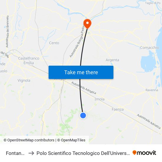 Fontanelice to Polo Scientifico Tecnologico Dell'Università Di Ferrara map