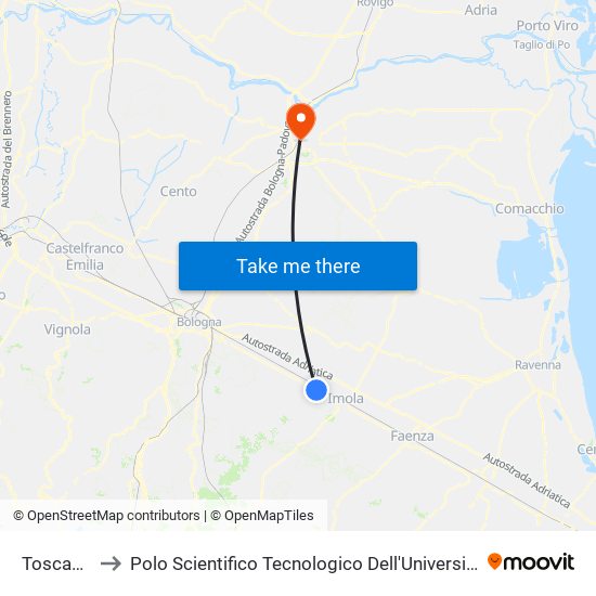 Toscanella to Polo Scientifico Tecnologico Dell'Università Di Ferrara map