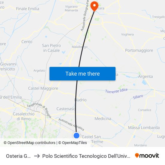 Osteria Grande to Polo Scientifico Tecnologico Dell'Università Di Ferrara map