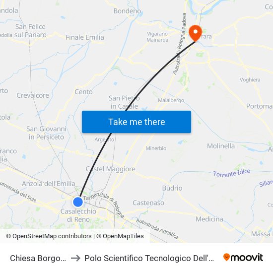 Chiesa Borgo Panigale to Polo Scientifico Tecnologico Dell'Università Di Ferrara map