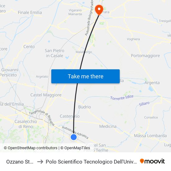 Ozzano Stazione to Polo Scientifico Tecnologico Dell'Università Di Ferrara map