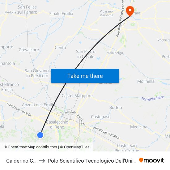 Calderino Comune to Polo Scientifico Tecnologico Dell'Università Di Ferrara map