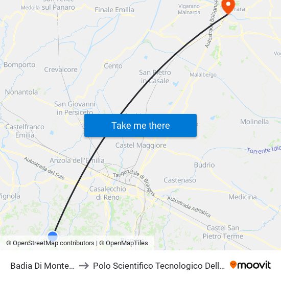 Badia Di Monte San Pietro to Polo Scientifico Tecnologico Dell'Università Di Ferrara map