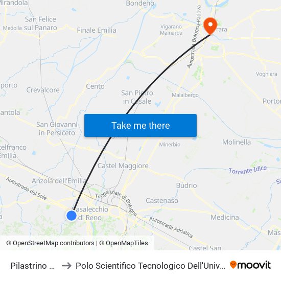 Pilastrino Di Zola to Polo Scientifico Tecnologico Dell'Università Di Ferrara map