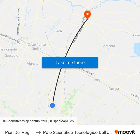 Pian Del Voglio Voglio to Polo Scientifico Tecnologico Dell'Università Di Ferrara map