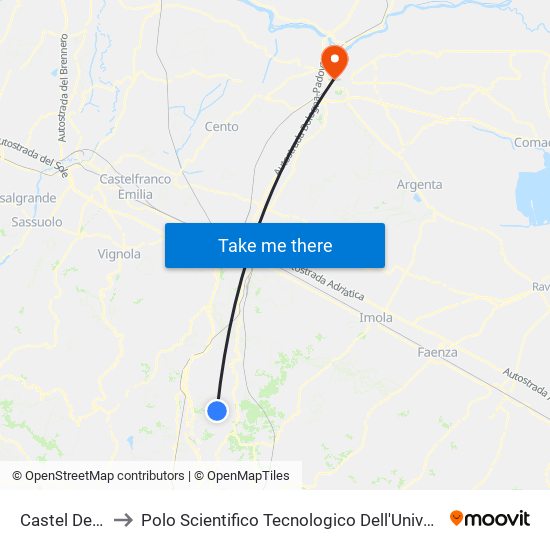 Castel Dell`Alpi to Polo Scientifico Tecnologico Dell'Università Di Ferrara map