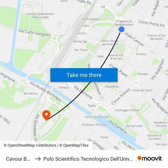 Cavour Barriera to Polo Scientifico Tecnologico Dell'Università Di Ferrara map