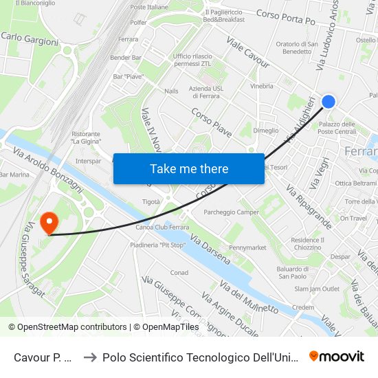 Cavour P. Beretta to Polo Scientifico Tecnologico Dell'Università Di Ferrara map