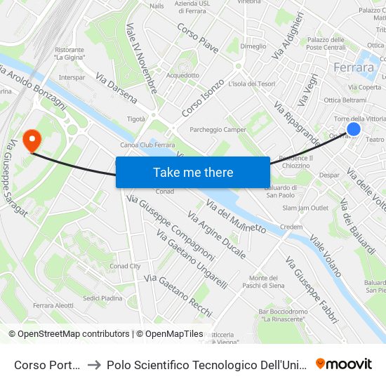 Corso Porta Reno to Polo Scientifico Tecnologico Dell'Università Di Ferrara map