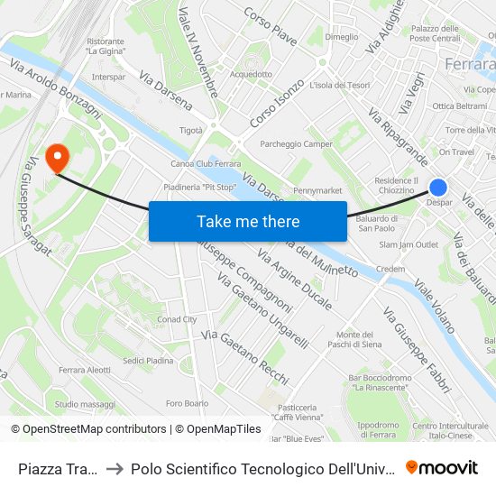 Piazza Travaglio to Polo Scientifico Tecnologico Dell'Università Di Ferrara map