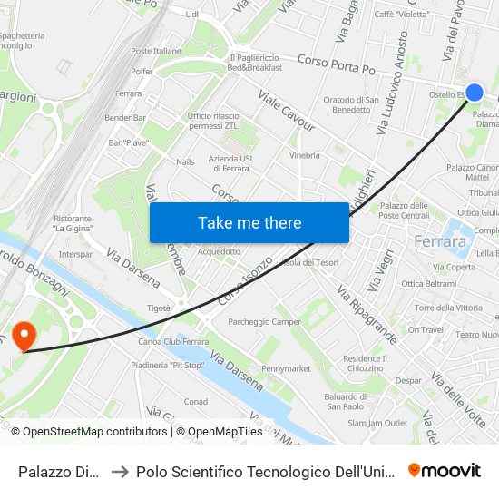 Palazzo Diamanti to Polo Scientifico Tecnologico Dell'Università Di Ferrara map