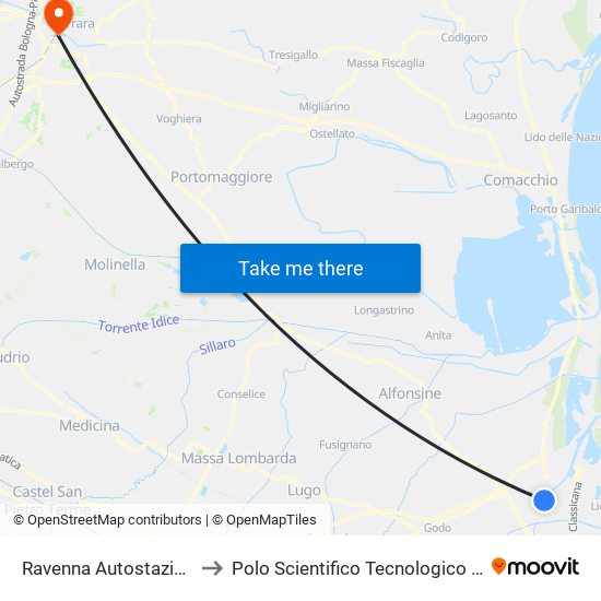 Ravenna Autostazione - P.Le A. Moro to Polo Scientifico Tecnologico Dell'Università Di Ferrara map