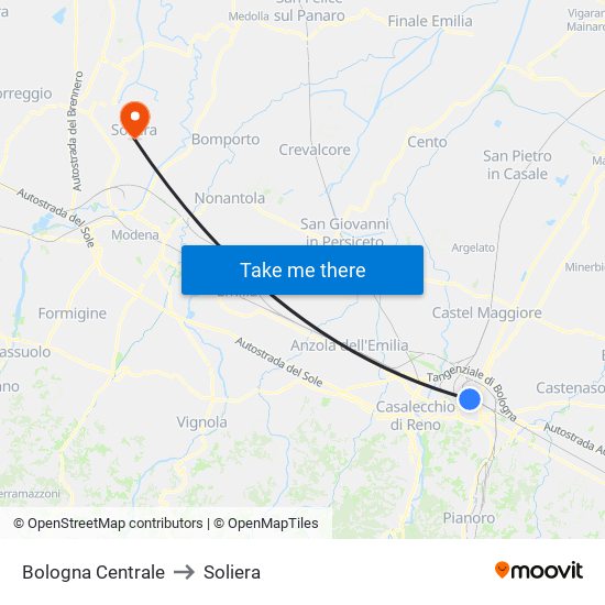 Bologna Centrale to Soliera map