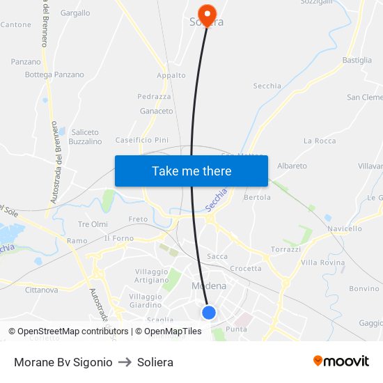 Morane Bv Sigonio to Soliera map