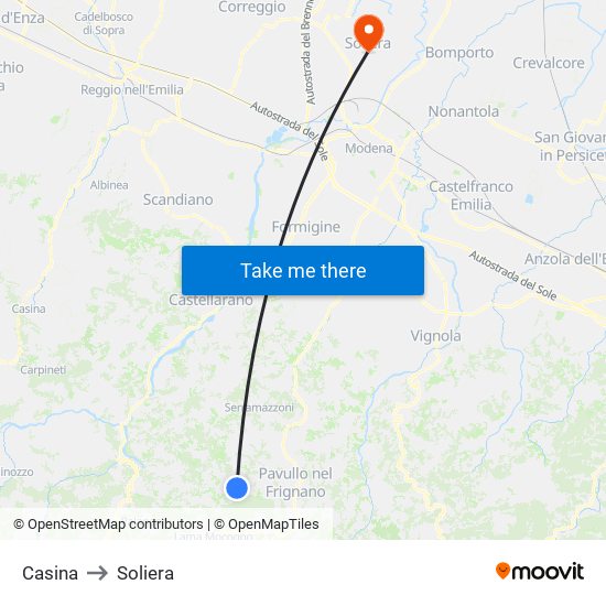 Casina to Soliera map