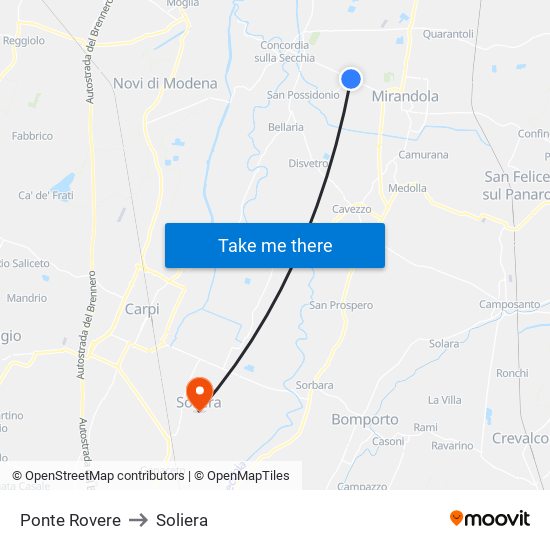 Ponte Rovere to Soliera map