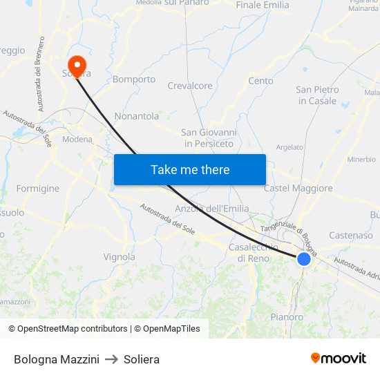 Bologna Mazzini to Soliera map