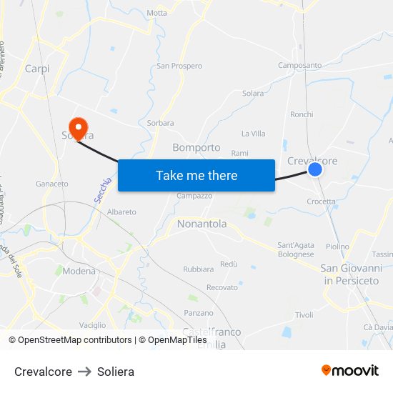 Crevalcore to Soliera map