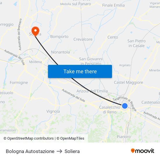 Bologna Autostazione to Soliera map